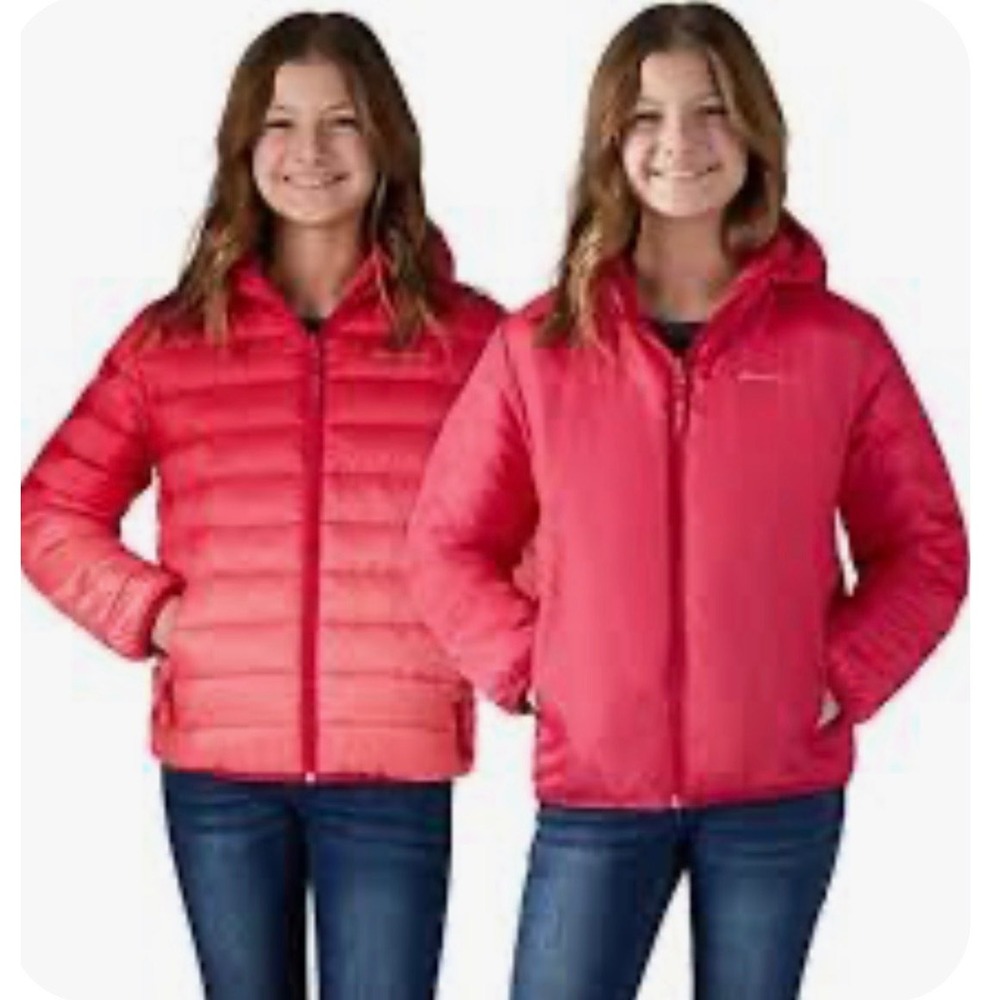 Eddie Bauer Girls Reversible Hooded Puffer Jacket Pink Red Ombre Full Zip XS